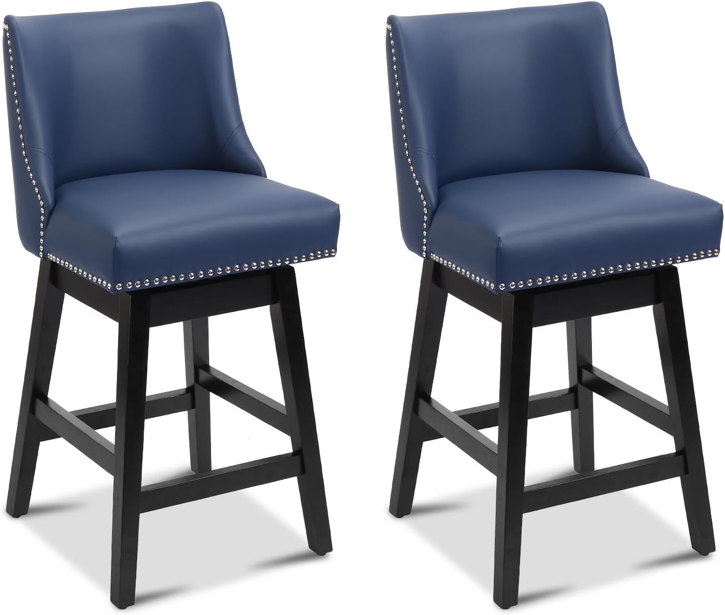 Swivel Bar Stools Set of 2 with Thicker Wood Legs,26&quot; Counter Height Bar Stools,Faux Leather Upholstered Barstools with Backs,Bar Stool for Kitchen Counter,Island,300Lbs,Blue