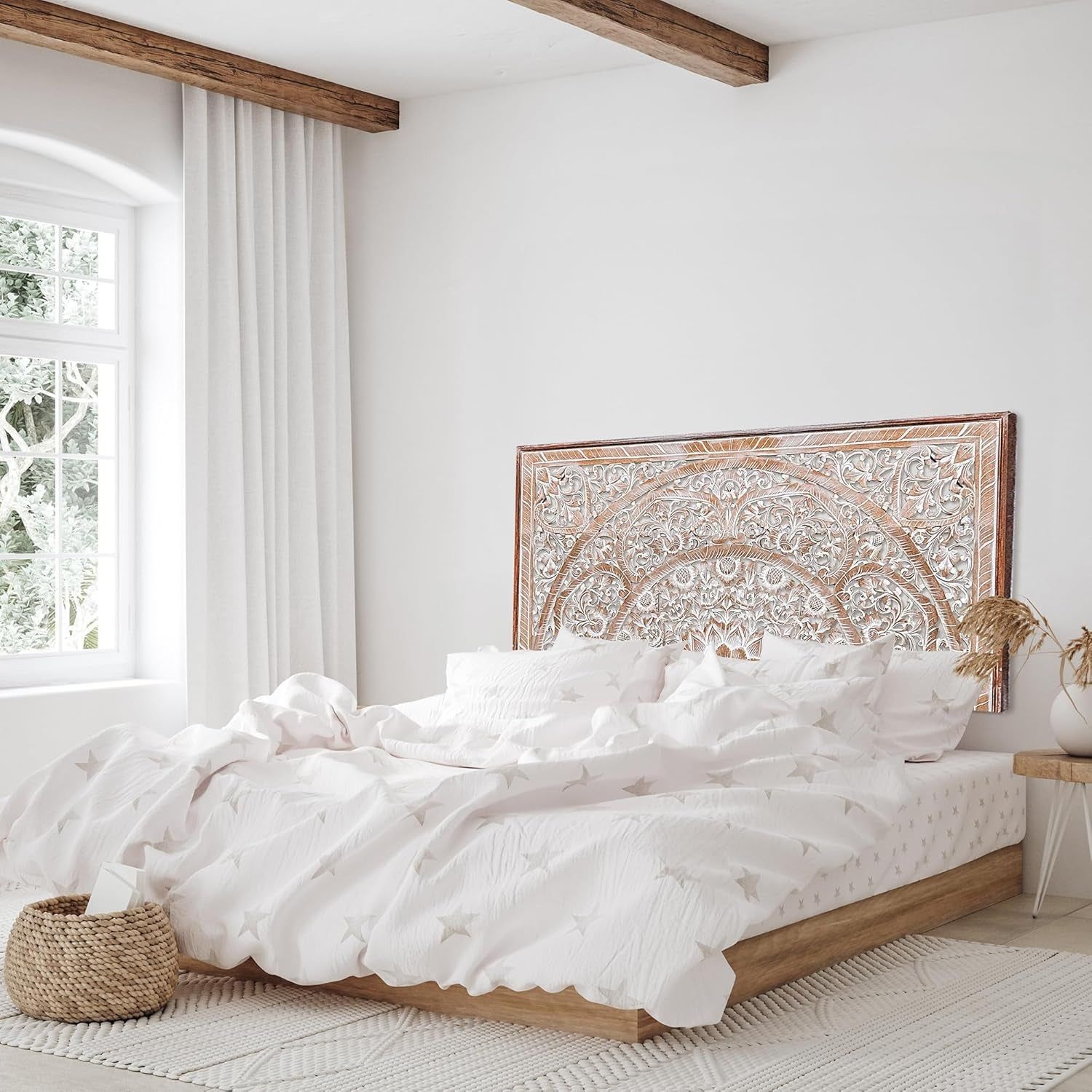Handcrafted White-Wash Wooden Queen Headboard with Carved Design