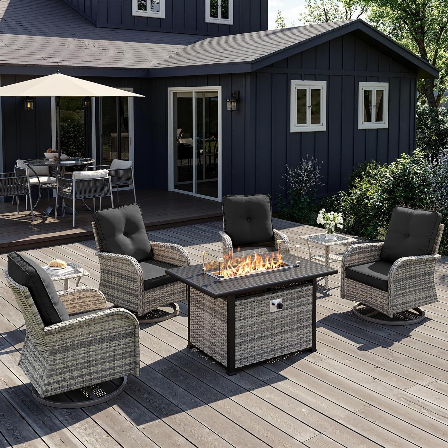 Outdoor Patio Wicker Rattan Swivel Rocking Chair Set