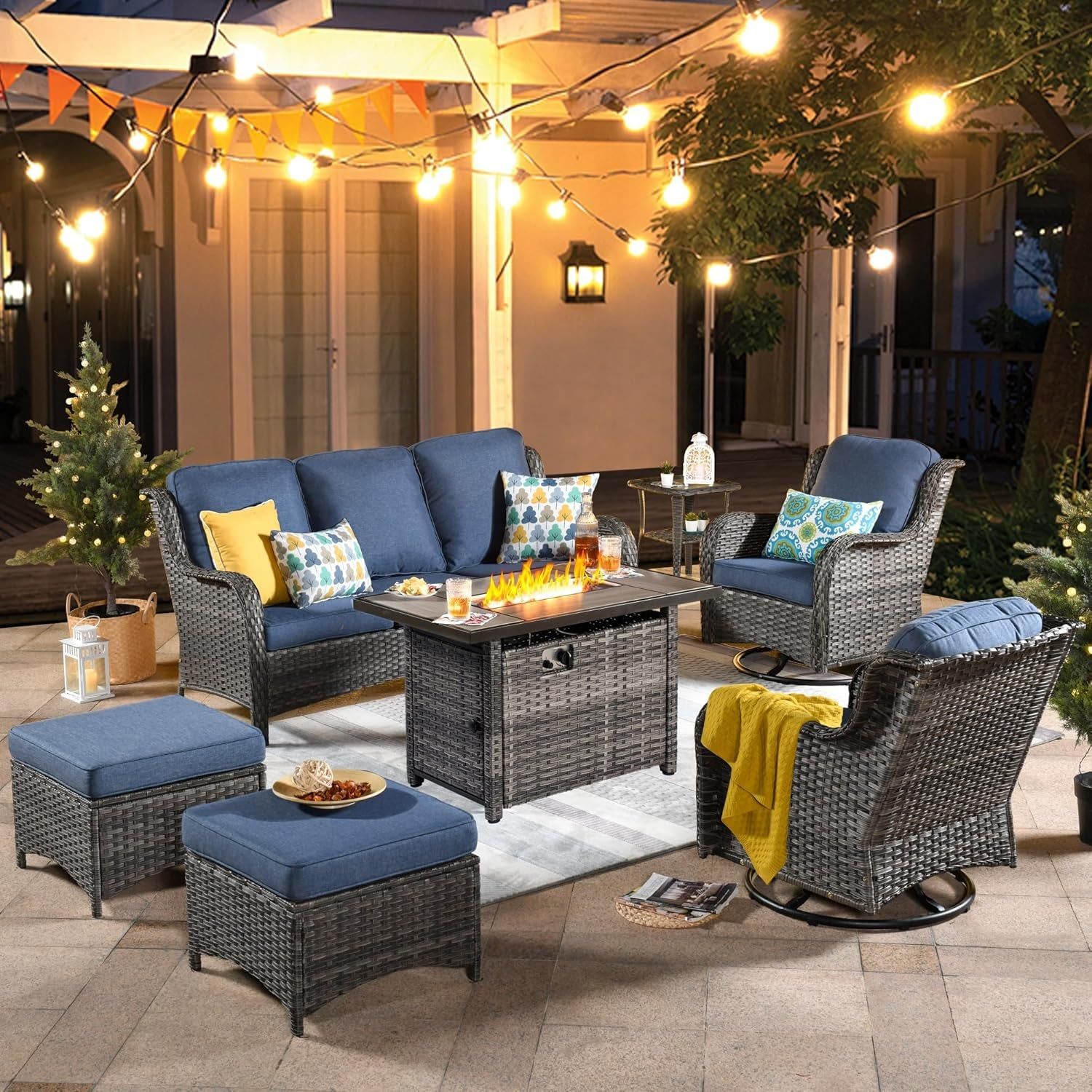 Seven Piece Outdoor Patio Furniture Set with Fire Pit