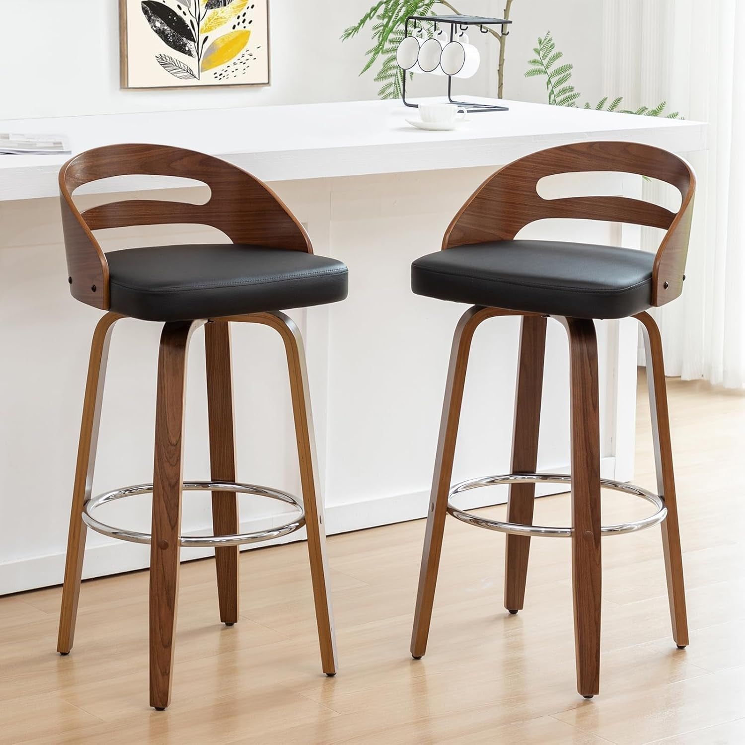 Bar Stools Set of 2, Swivel Bar Stools with Walnut Craftsmanship, Bentwood Curved Back, Upholstered Faux Leather, Soft Cushion Seat, Mid Century Barstools for Bar/Pub/Cafe (Black, 30&quot; Seat Height)