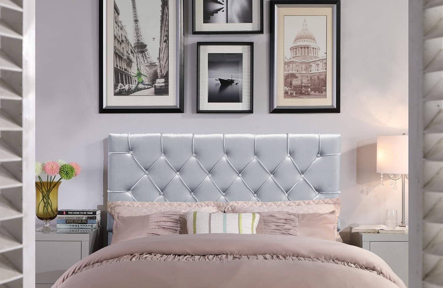 Velvet Upholstered Twin Headboard with Diamond Button Tufting