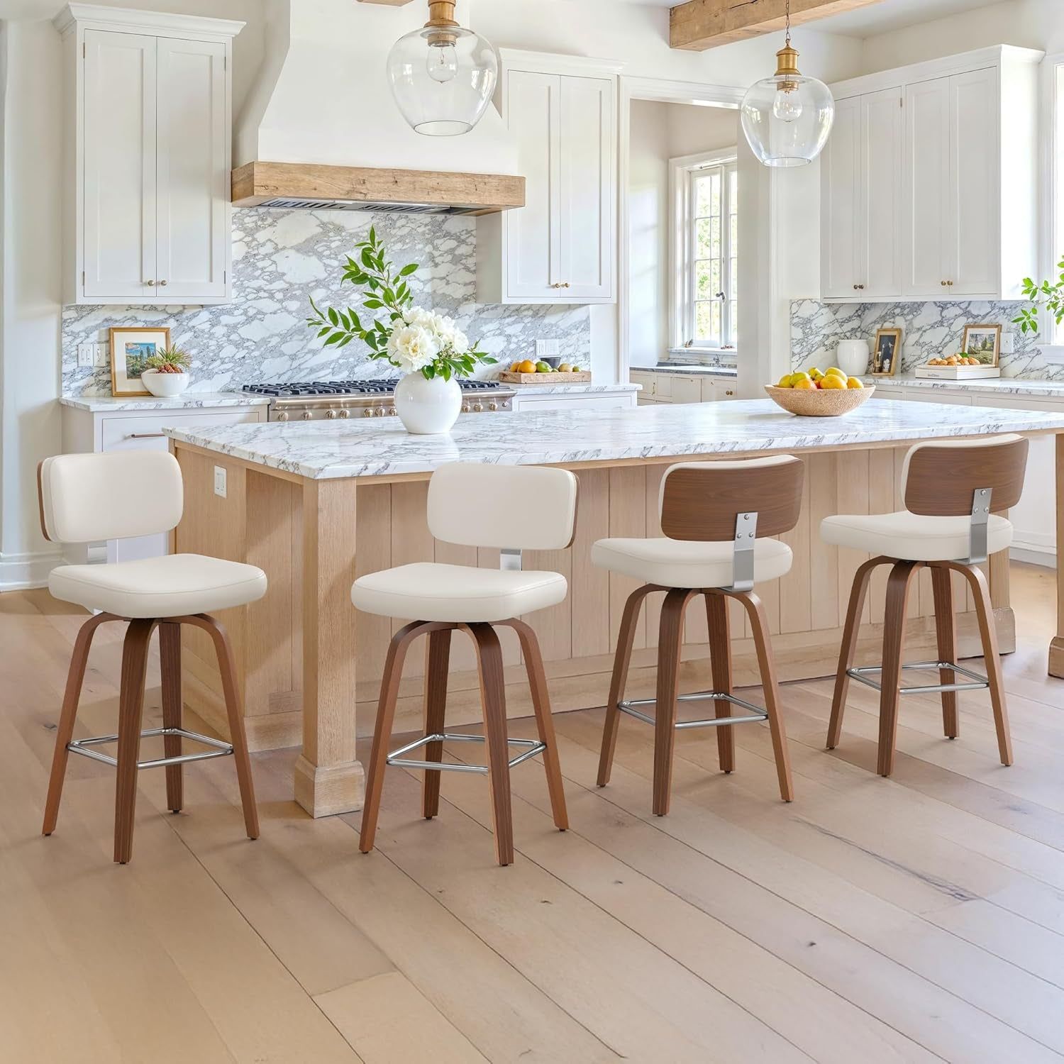 Swivel Counter Height Bar Stools Set of 3, 26&quot; Upholstered Seat Barstools with Back Walnut Wood Legs, Mid-Century PU Leather Bar Stools with Footrest for Island/Kitchen/Counter/Bar, White