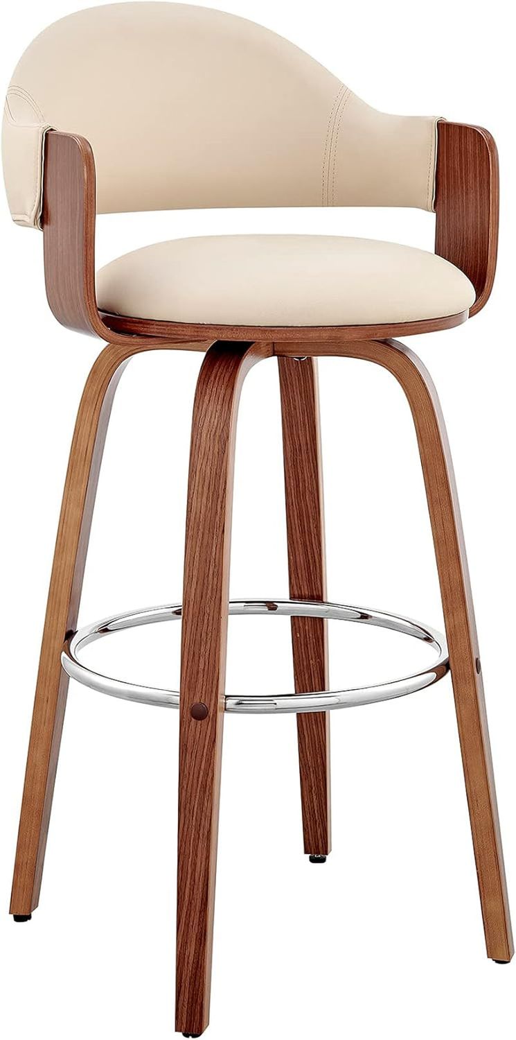 Daxton Mid Century Modern Swivel Bar Stool for Kitchen Island Counter in Cream Faux Leather and Walnut Wood, 30&quot; Seat Height