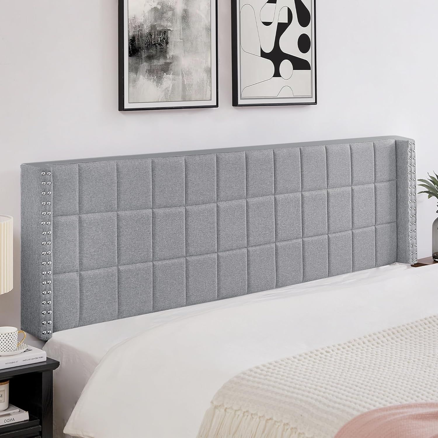 Linen Upholstered King Size Headboard With Nailhead Trim