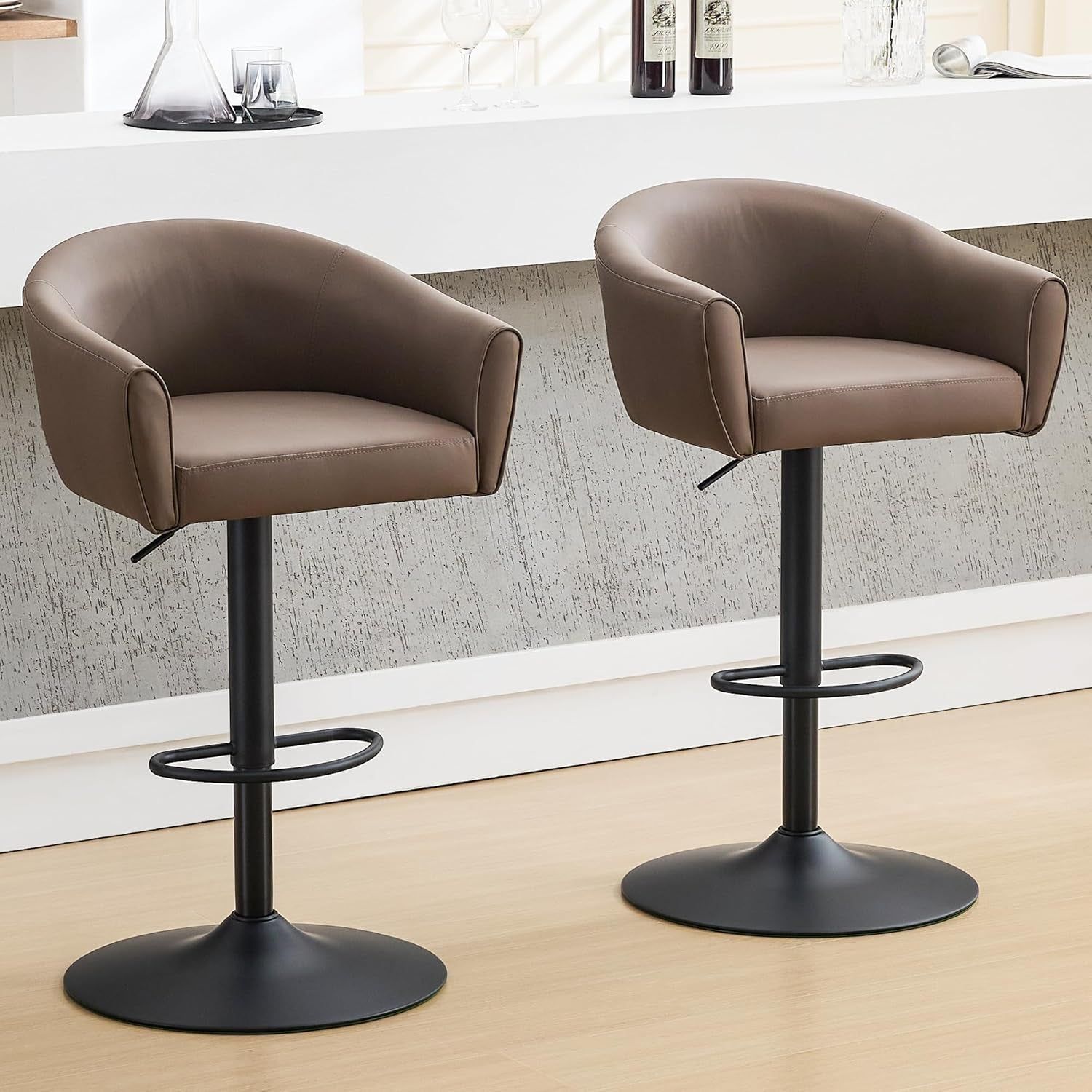 Barstools Set of 2, Swivel Bar Stools with Back and Arms, Adjustable Faux Leather Bar Stools 24&quot; to 34&quot;, Upholstered Island Chairs for Bar, Kitchen, Counter (Coffee Brown, Set of 2)