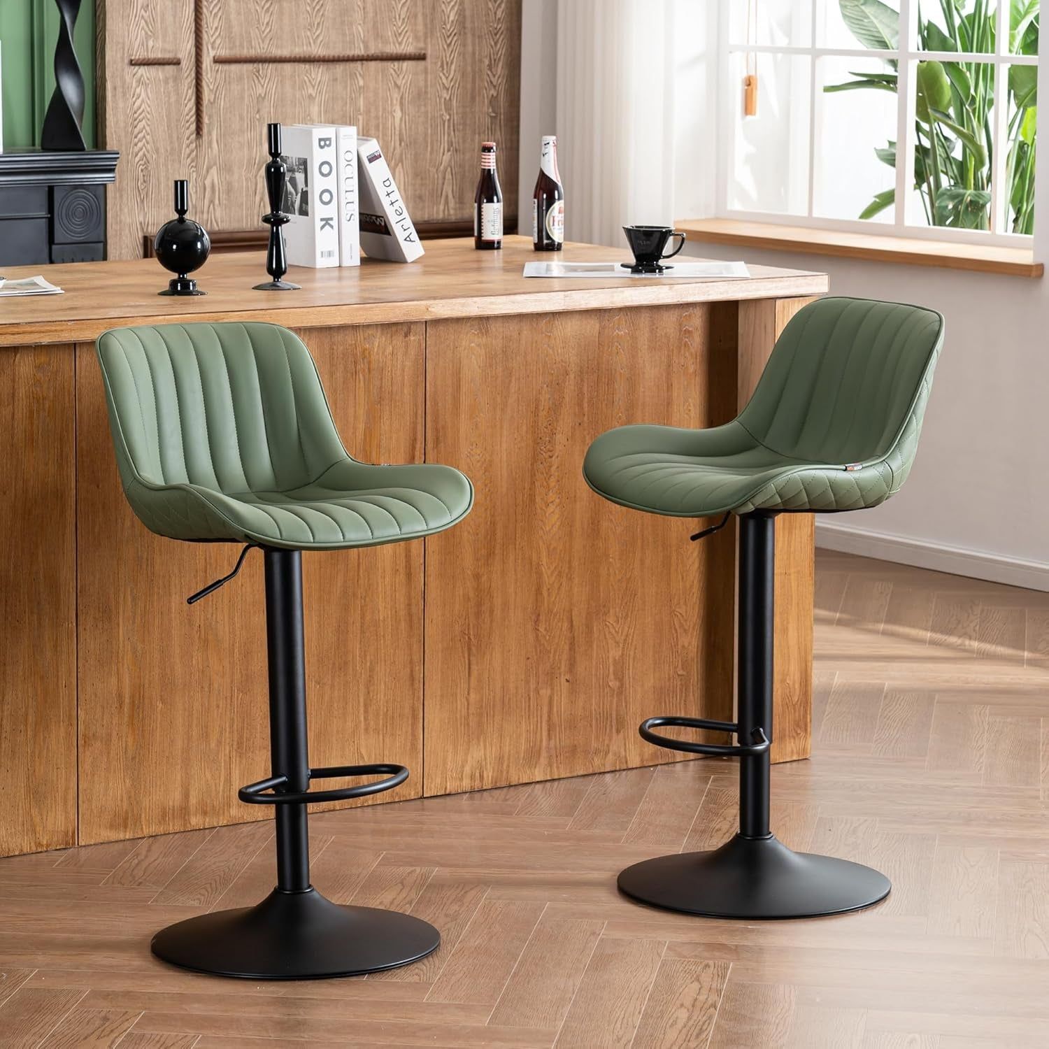 Bar Stools Set of 2 Counter Height Barstools with Backs Swivel Faux Leather Kitchen Island Bar Chair Modern Adjustable Breakfast Taburetes De Bar Padded Sillas Para Barra De Cocina Olive Green