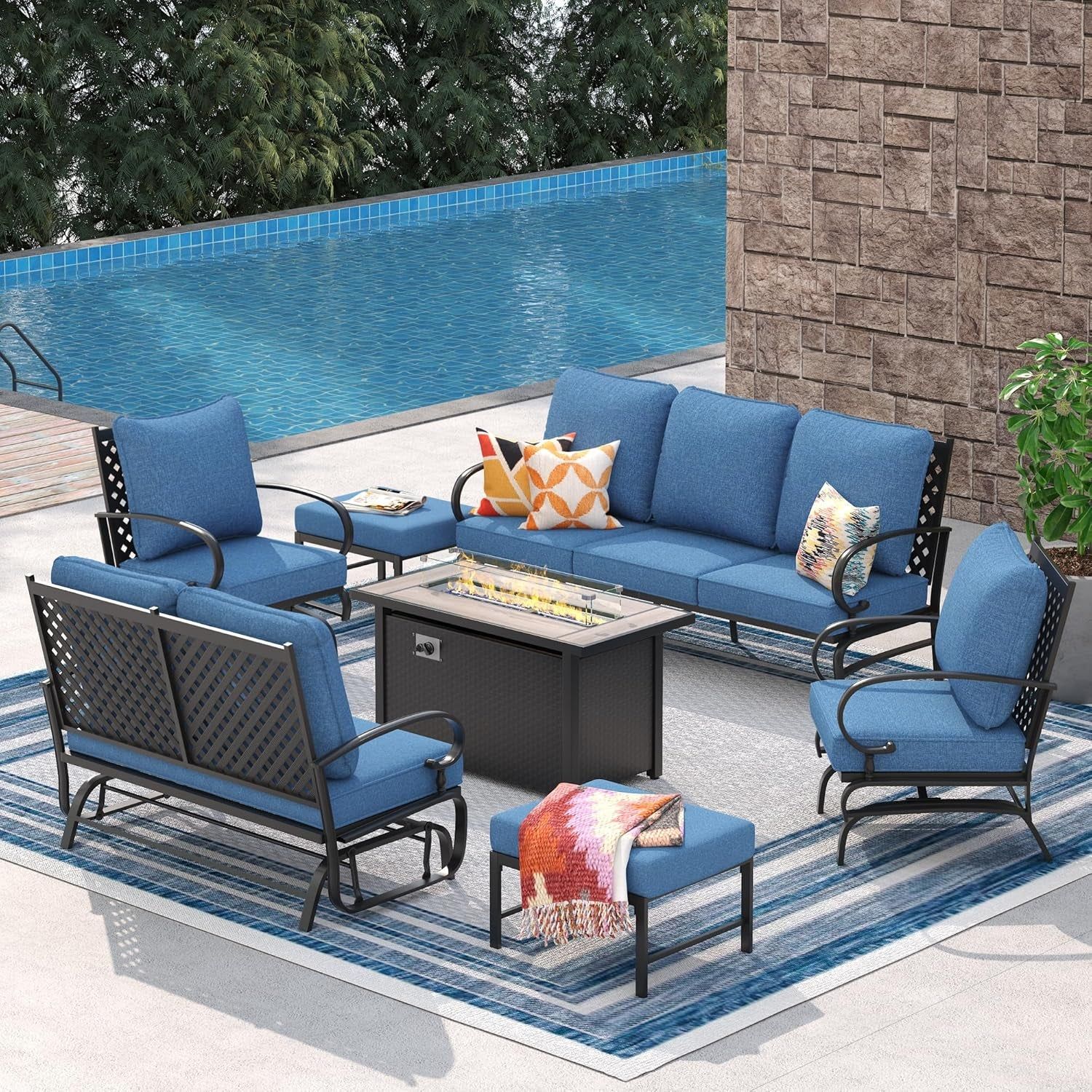 Seven Piece Outdoor Patio Furniture Set with Firepit