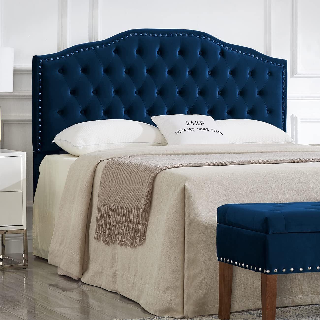 Upholstered Tufted Queen Headboard with Nailhead Trim