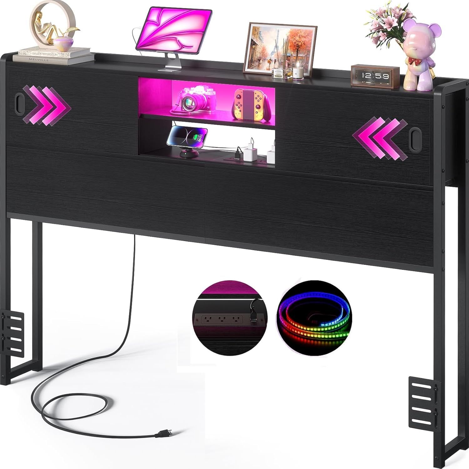 Queen Size Headboard with Storage USB Outlets LED Light