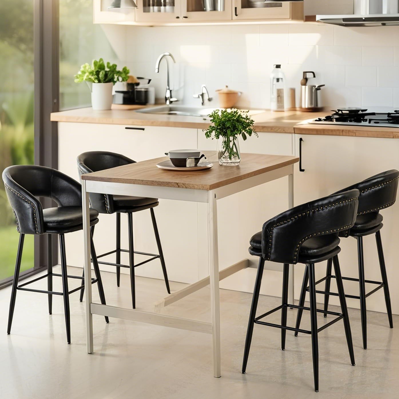 Bar Stools Set of 4, 30&quot; H Upholstered Black Leatherette Barstools with Nailhead Trim, Modern Mid-Century Bar Height Bar Chairs with Metal Tapered Legs for Kitchen Island, Bistro