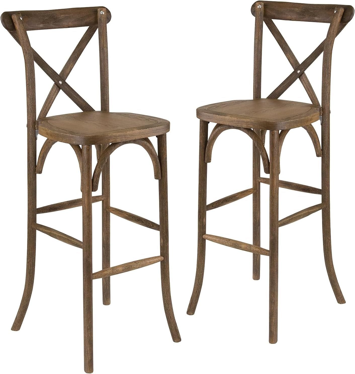 Dark Antique Wood Cross Back Barstools Set of Two