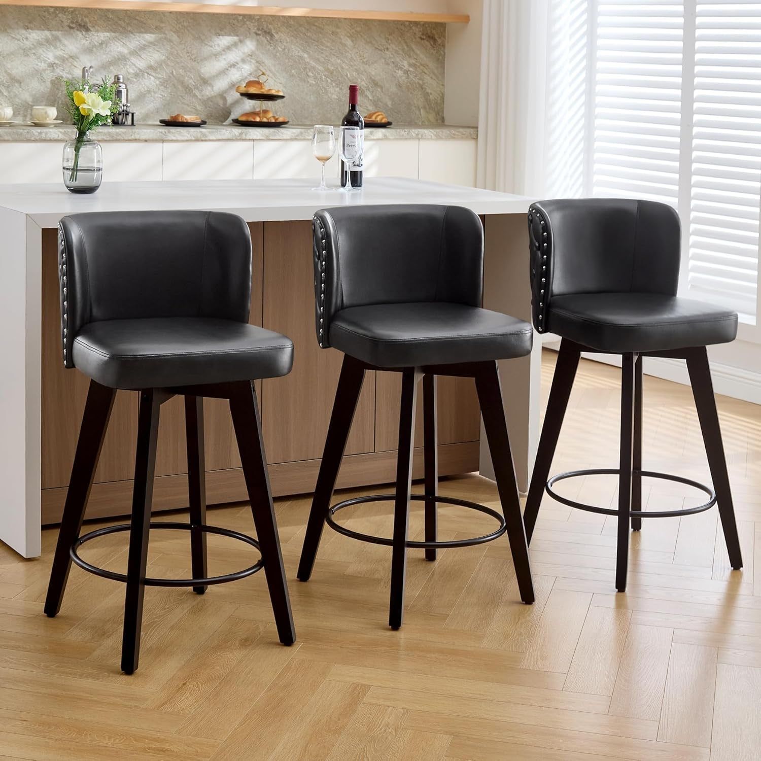 Swivel Bar Stool Set of Three with Faux Leather