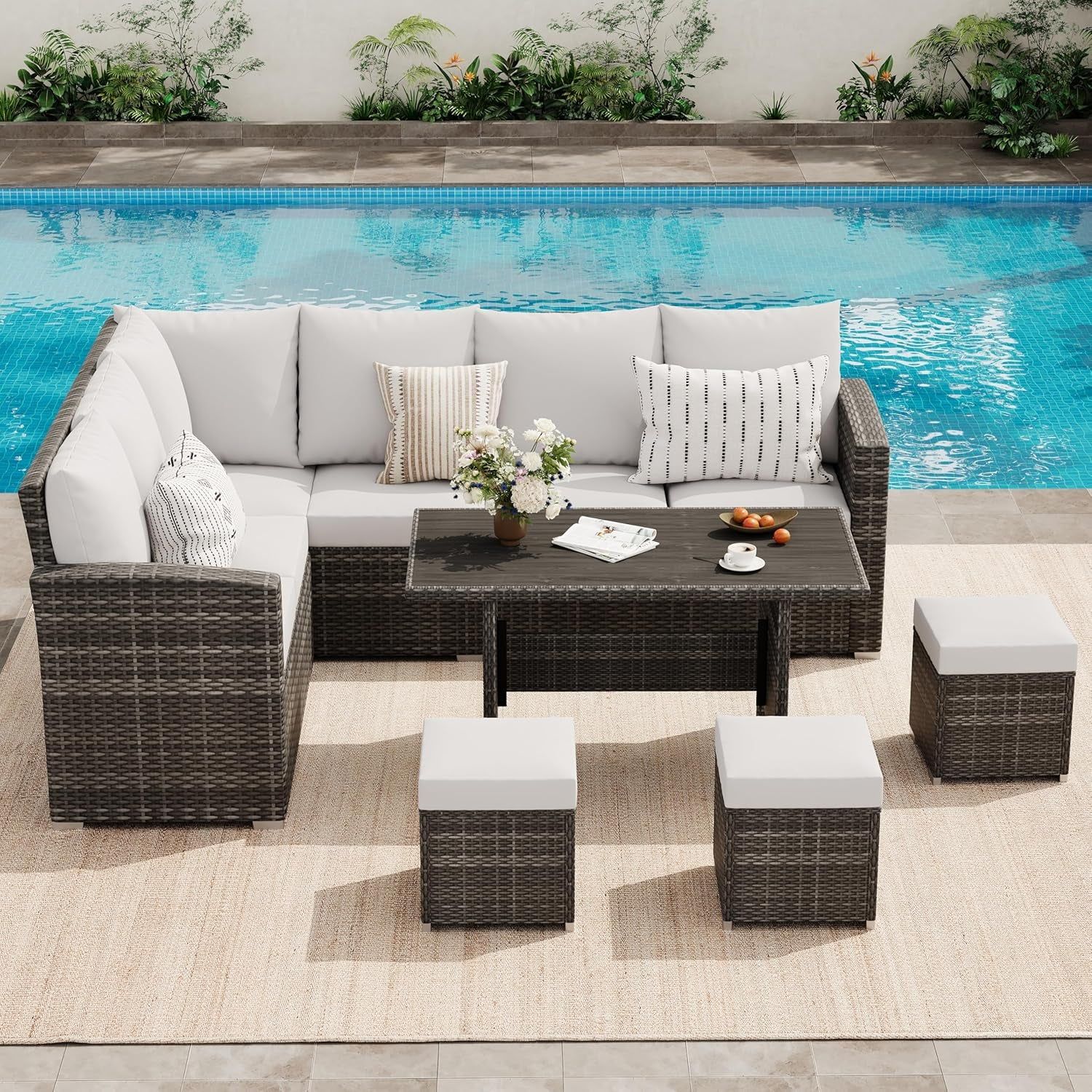7 Piece Wicker Sectional Patio Furniture Set For Outdoors