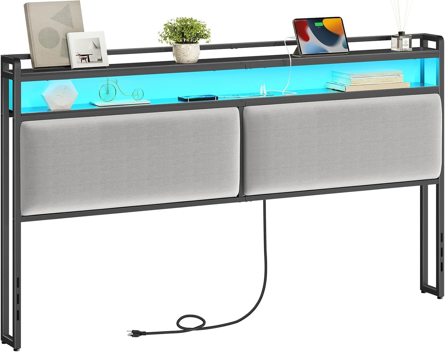 King Size Upholstered Headboard With Charging Station And LED