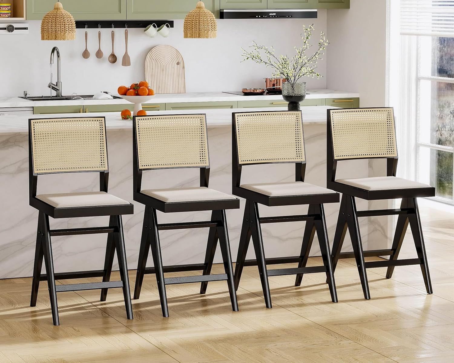 26 Inch Rattan Bar Stools Set of Four Beige Linen