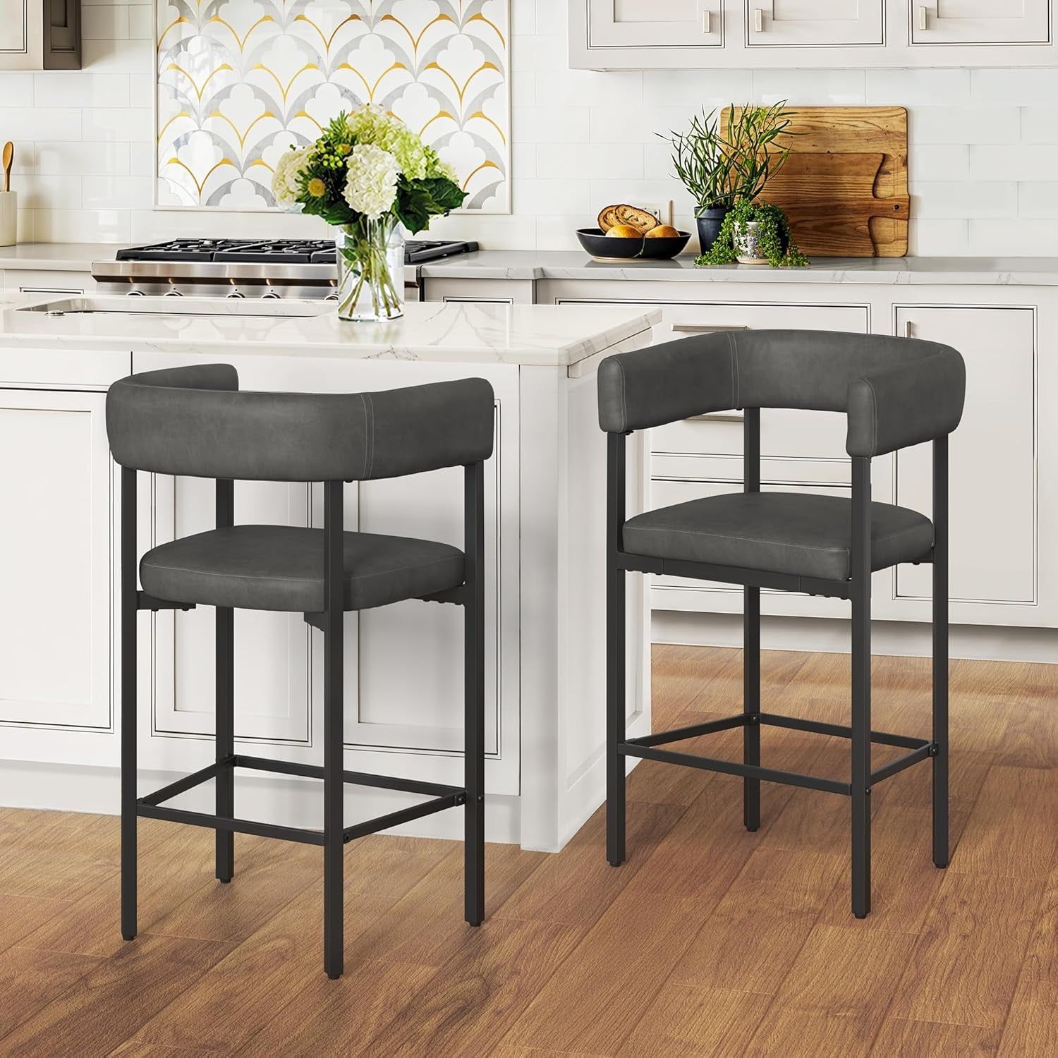 Modern Barrel Bar Stools Set of Two with Arms