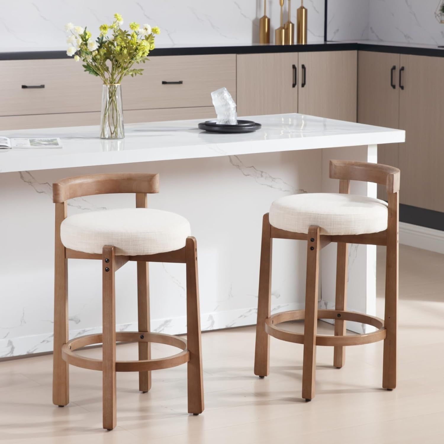Mid-Century Bar Stools Set of 2, 26.5 Inch Linen Counter Height Upholstered Barstools Bar Chairs with Solid Wooden Legs for Kitchen Island Dining Room, Beige
