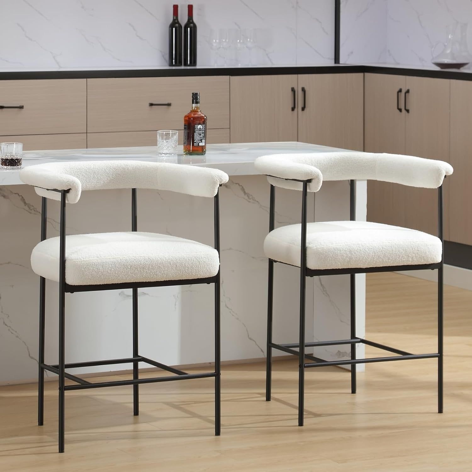 Modern Upholstered Bar Stools Set of Two White