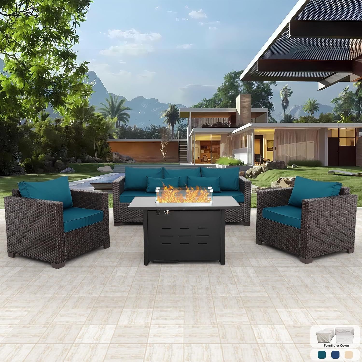 Stylish Four Piece Patio Furniture Set with Fire Pit