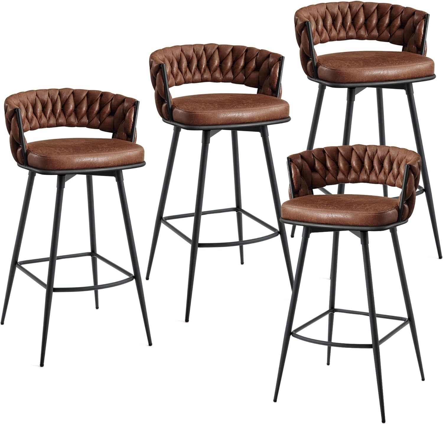 BV Counter Height Bar Stools Set of 4, 26 Inch Seat Height Bar Stools, 180° Swivel Barstools with Woven Back and Footrest, Suede Fabric Counter Stools for Kitchen Island, Bar Pub