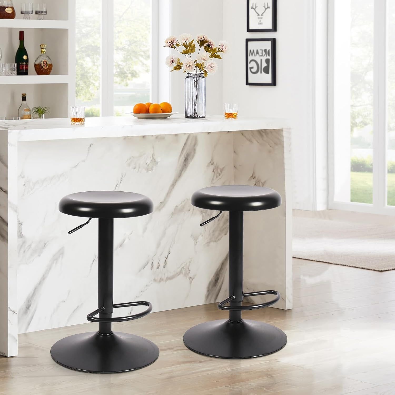 Adjustable Bar Stools Set of 2, Backless Counter Height Bar Stools, Modern Swivel round Metal Counter Stools, Armless Bar Chairs with Footrest for Kitchen Island, Pub Cafe, Black