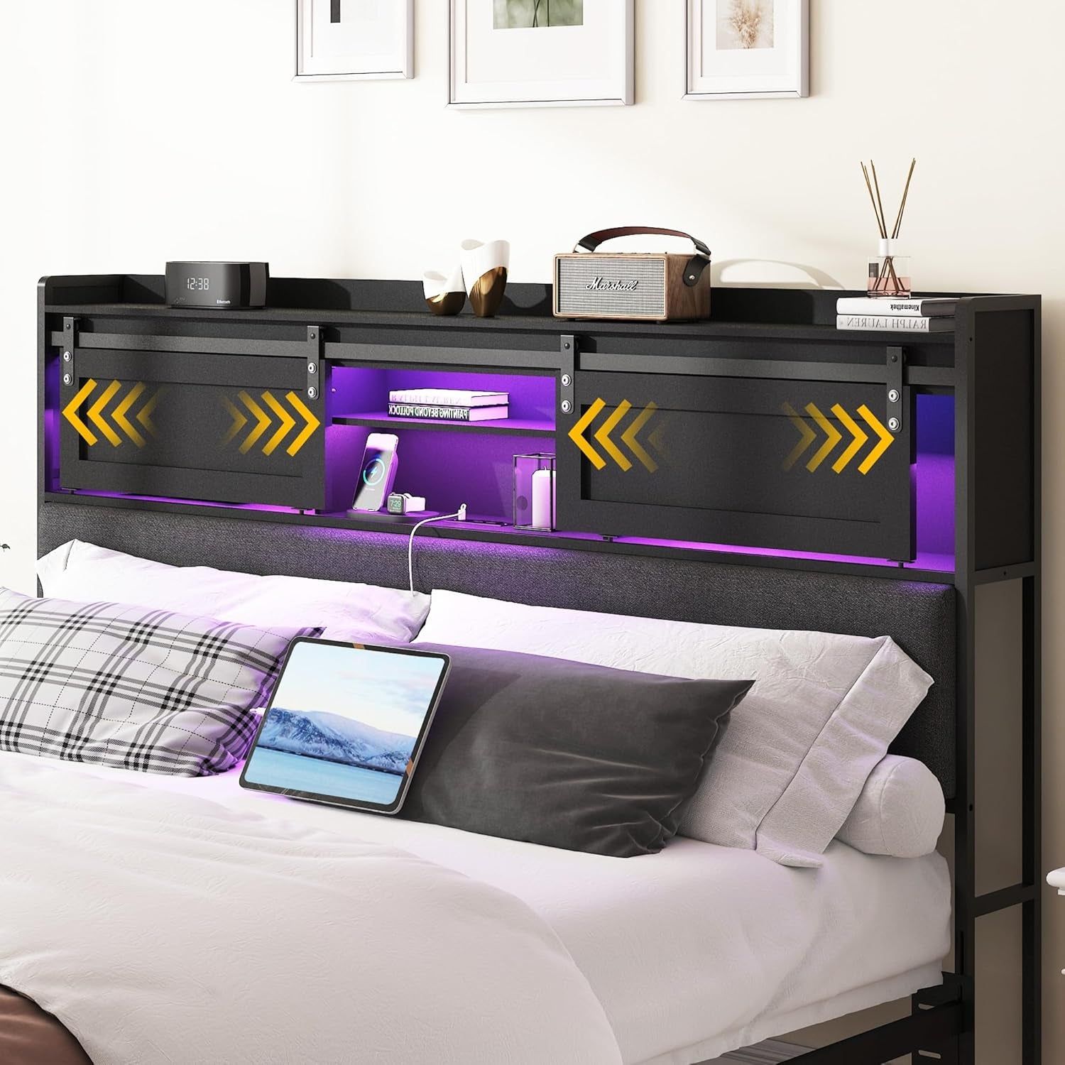 King Size Upholstered Headboard With Storage And LED Light