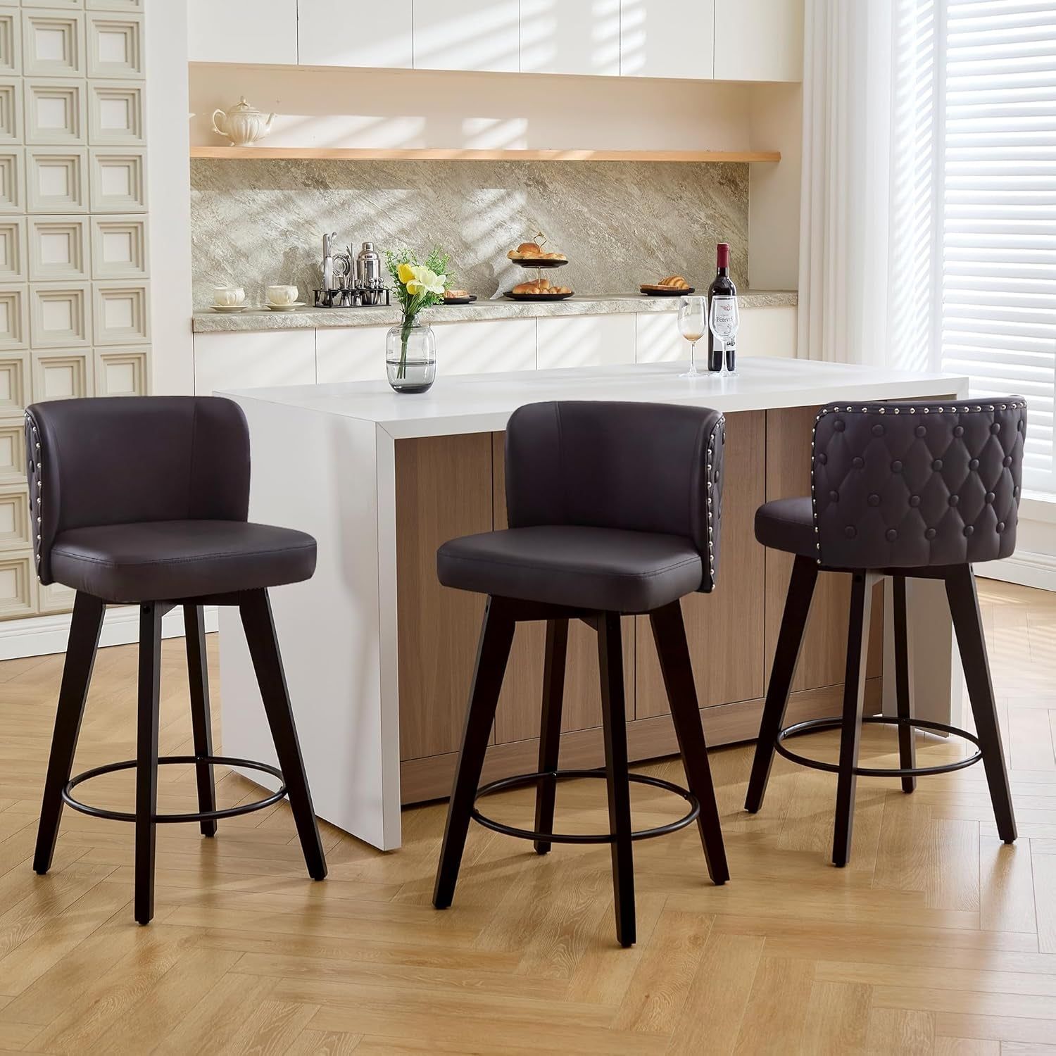 Swivel Bar Stool Set of 3, Faux Leather Low Back Counter Height Bar Stools, 27.5&quot; Upholstered Tufted Counter Barstools with Wood Legs for Kitchen Island, Home Bar (Brown)