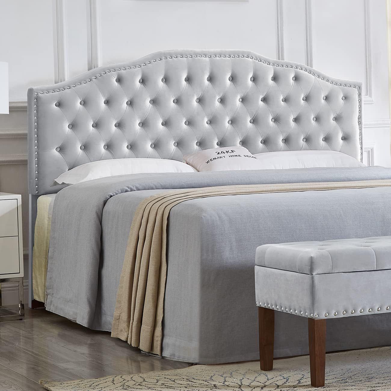 Elegant Gray Velvet Tufted King Size Headboard Design
