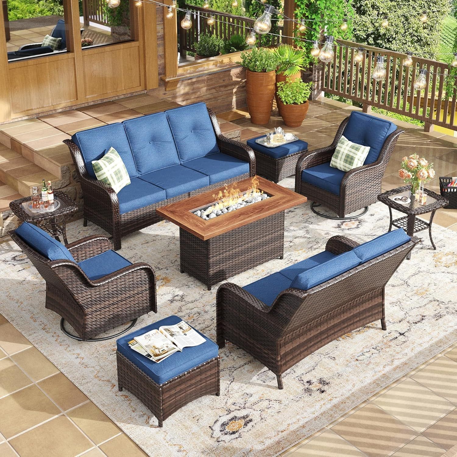 Nine Piece Outdoor Patio Furniture Wicker Conversation Set