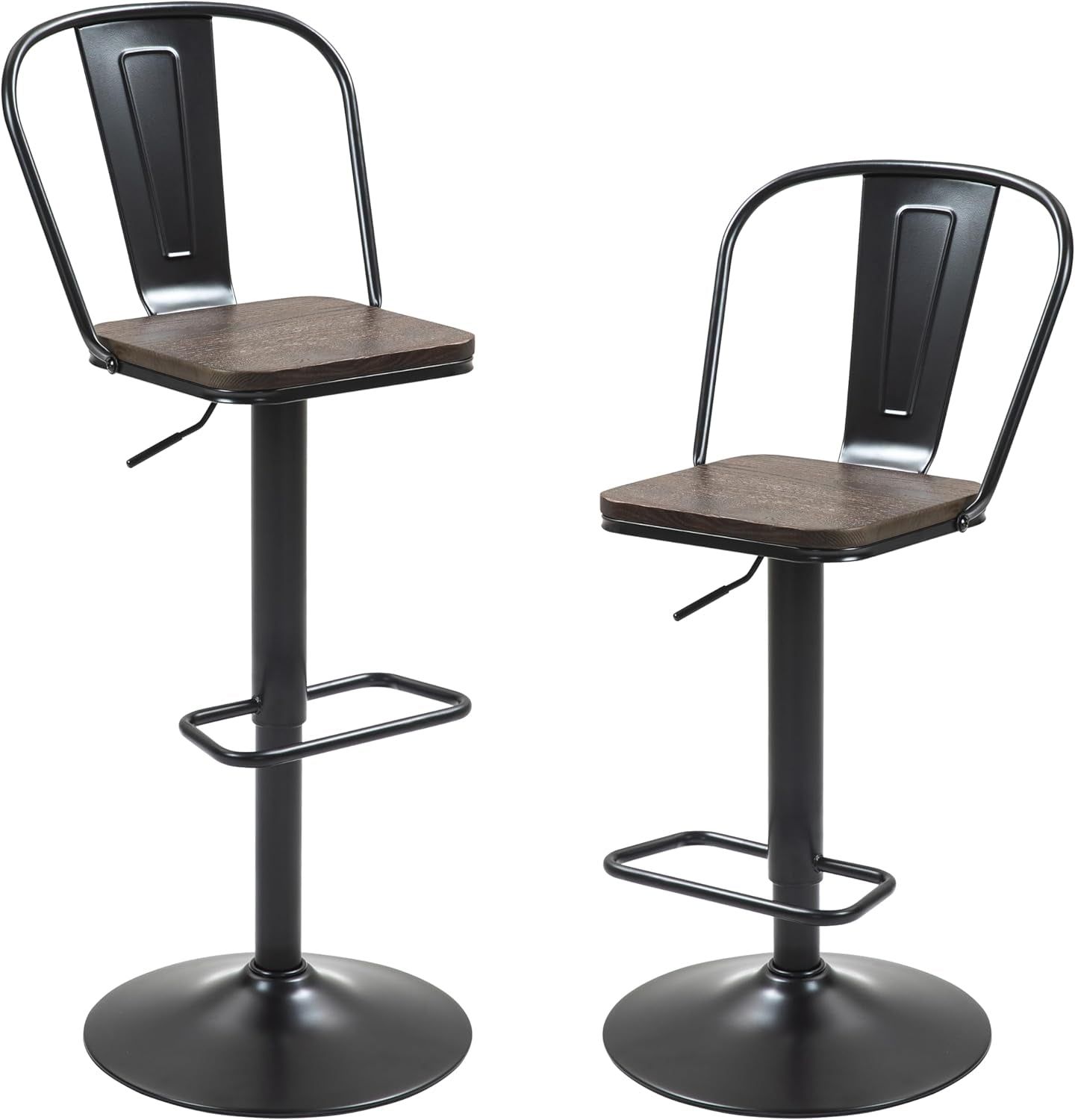 Bar Stools Set of 2 Counter Height, Swivel Barstools with Footrest and L Shape Metal Back, Adjustable Modern Bar Chairs, Modern Design for Kitchen, Black