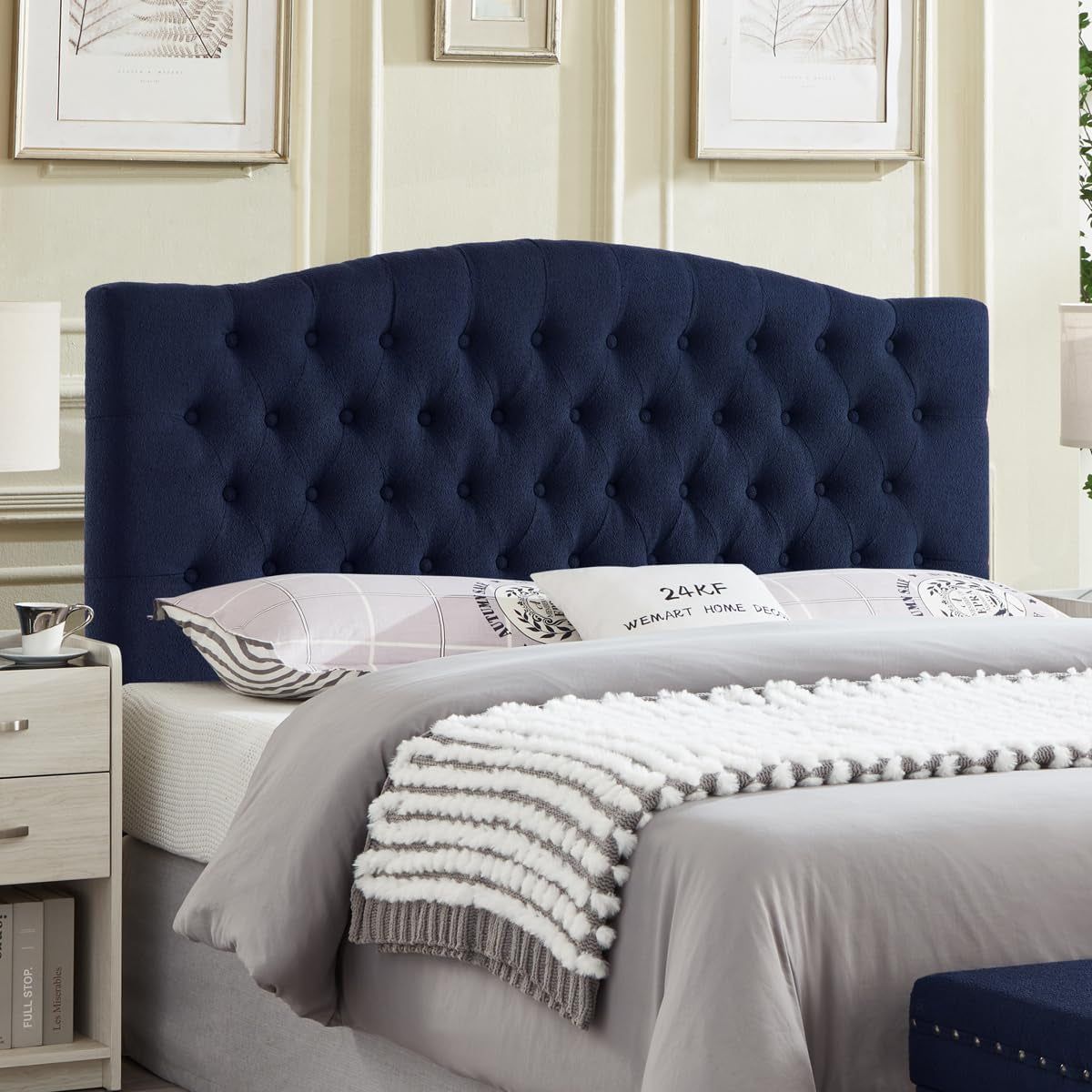 Elegant Boucle Upholstered Tufted Queen Headboard in Navy