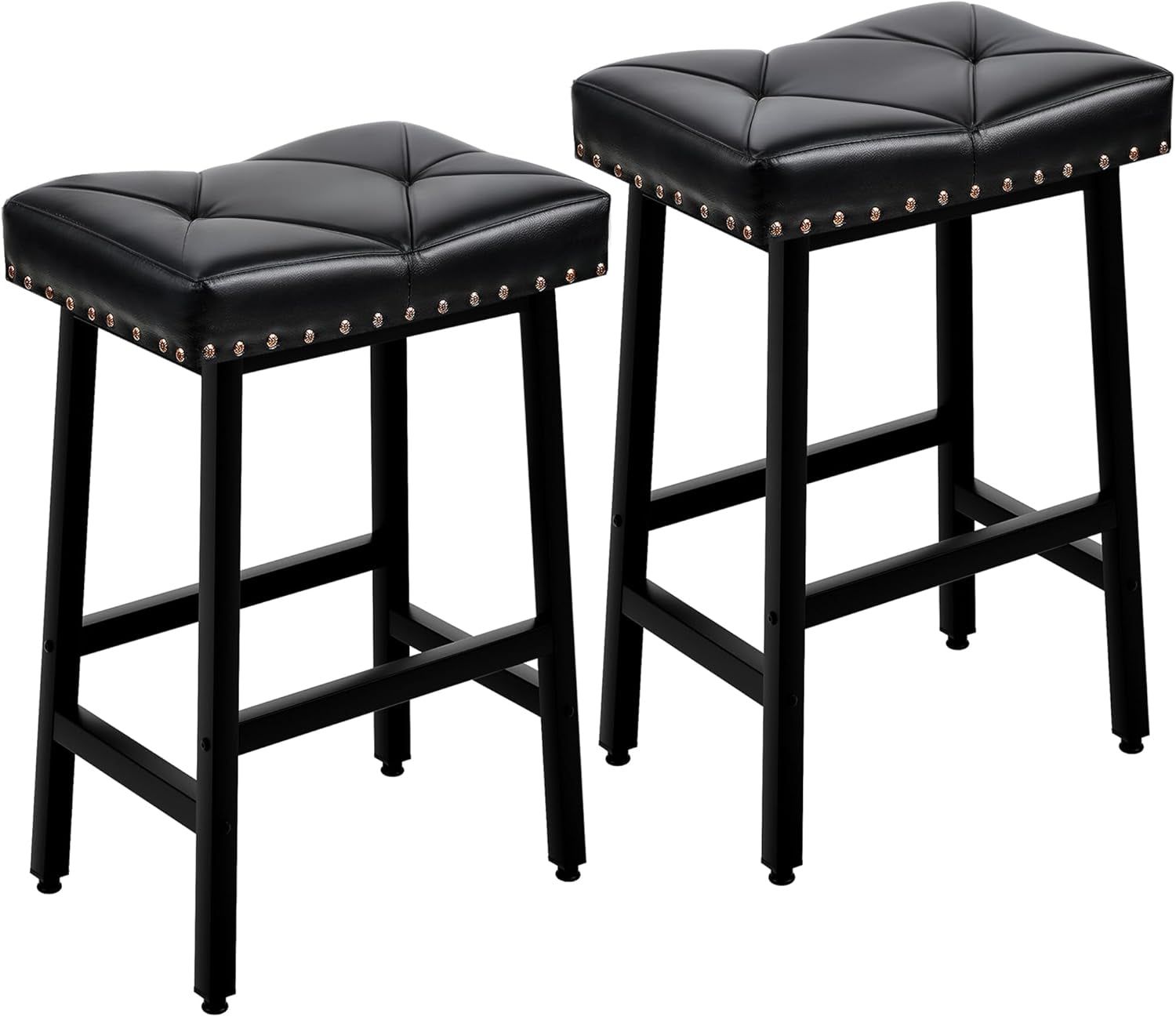 25 Inch Counter Height Stools for Kitchen Island, Bar Stools Set of 2, Kitchen Stools with 3.3&#39;&#39; Thick PU Upholstered Saddle Seats, Backless Barstools Bar Chairs with Metal Base, Black