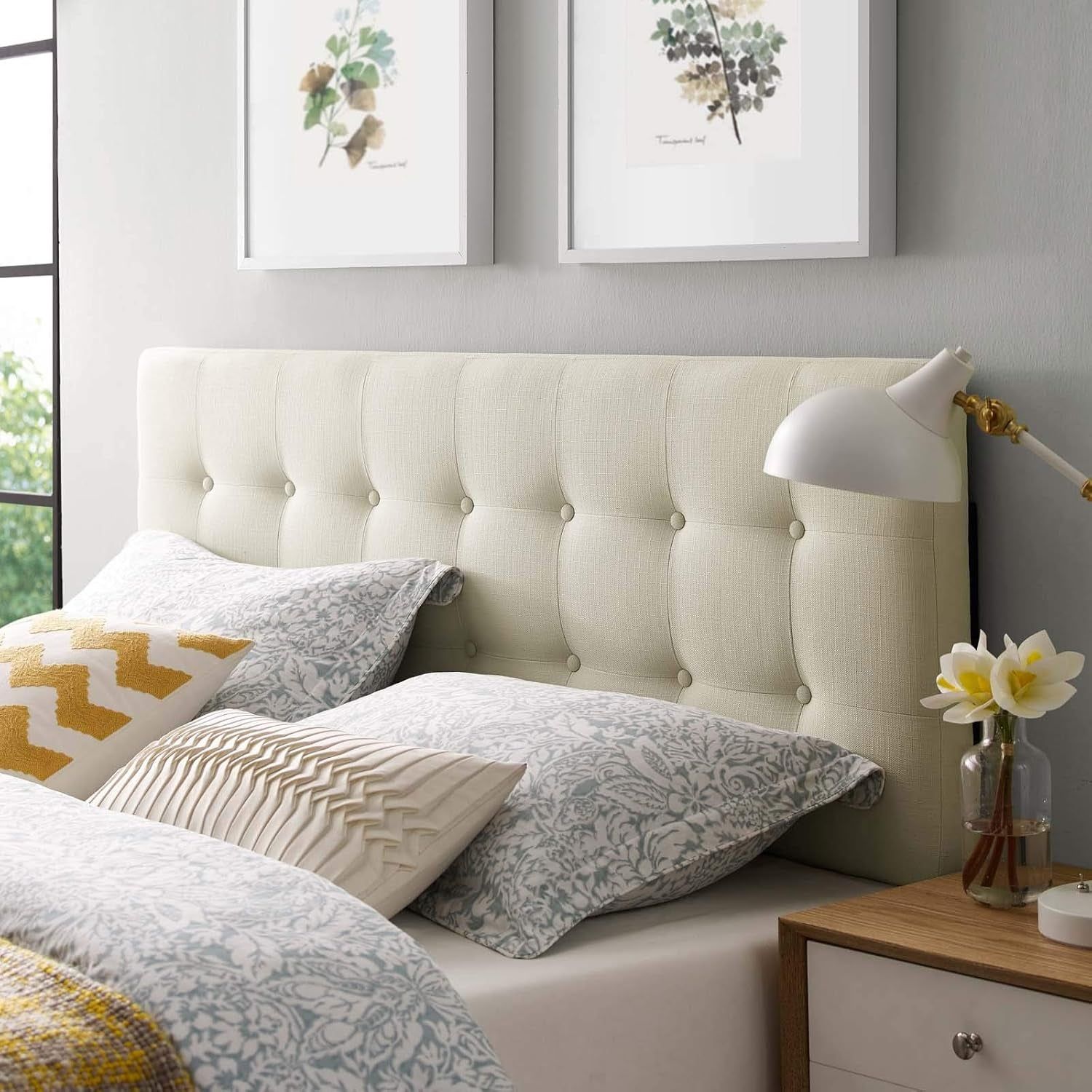Tufted Linen Fabric Upholstered King Headboard in Ivory