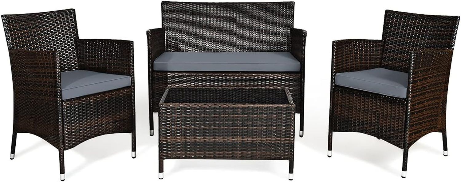 Elegant Four-Piece Rattan Patio Set with Soft Cushions