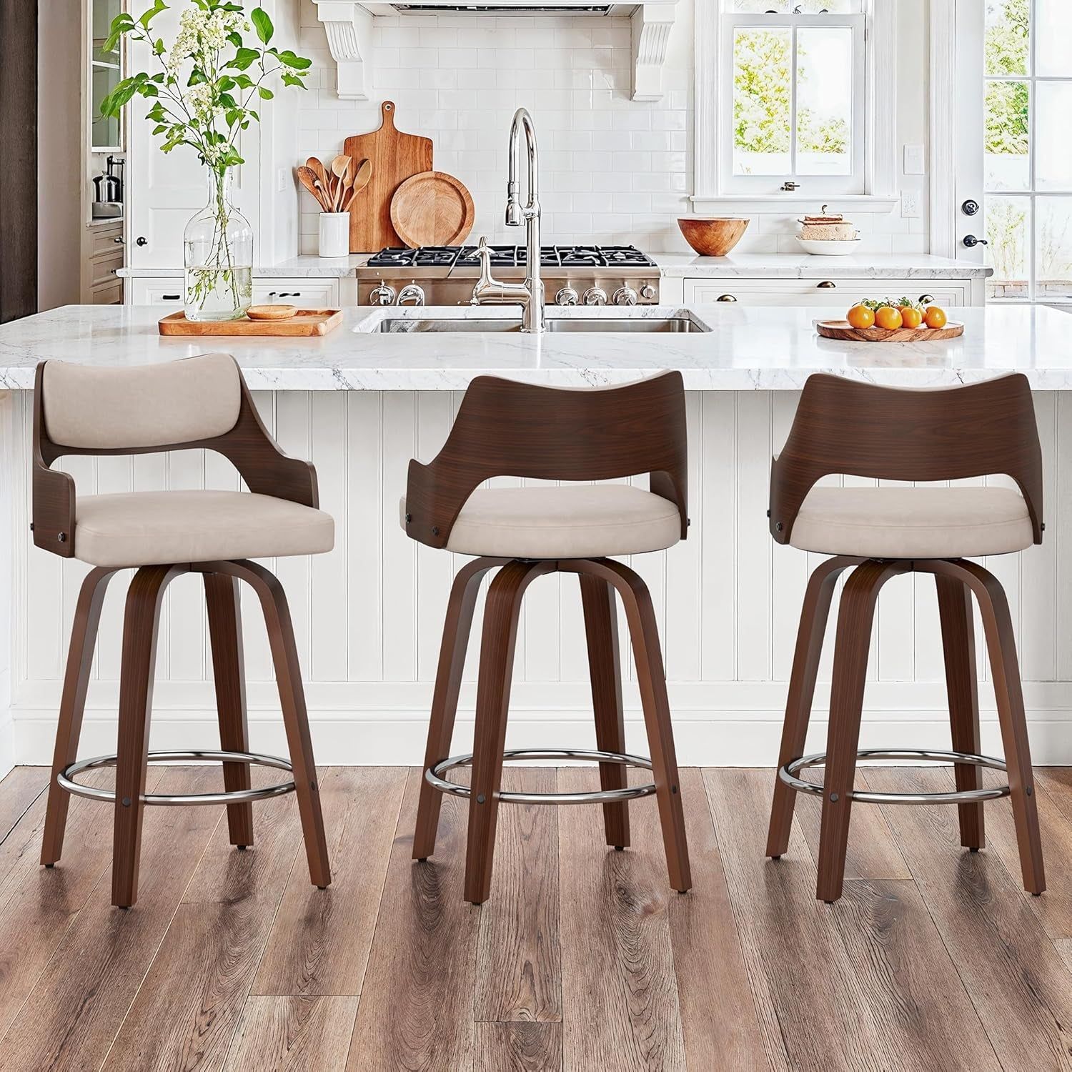 Counter Height Bar Stools Set of 3, 26&quot; Mid Century Modern Swivel Barstools with Back and Armrest, Faux Leather Upholstered Counter Stools for Kitchen Island Home Bar Cafe (Tan)