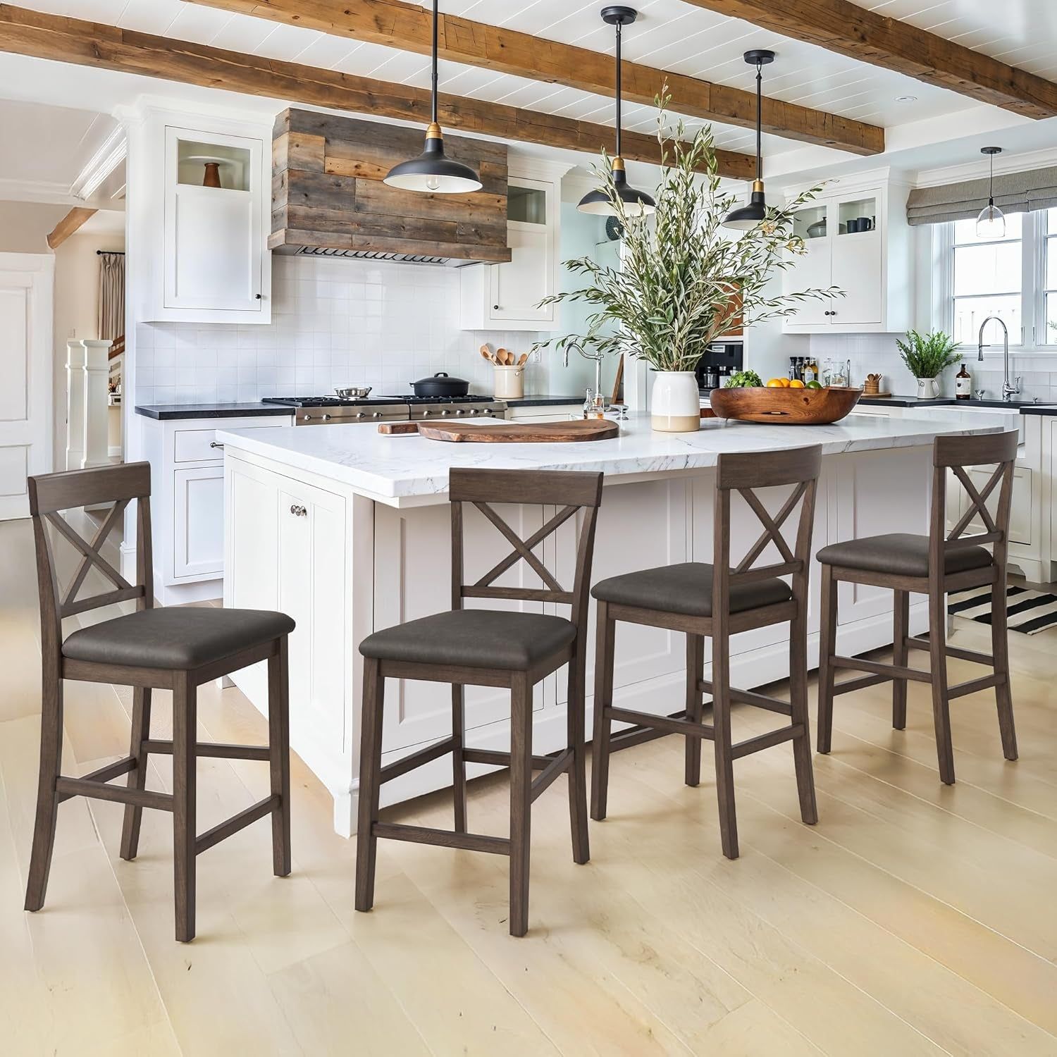 26&quot; Wood Bar Stools Set of 4, Counter Height Bar Stools with Classical X-Shaped Back, Solid Barstools with Rubber Wood Frames and Faux Leather Seat, Rustic Brown