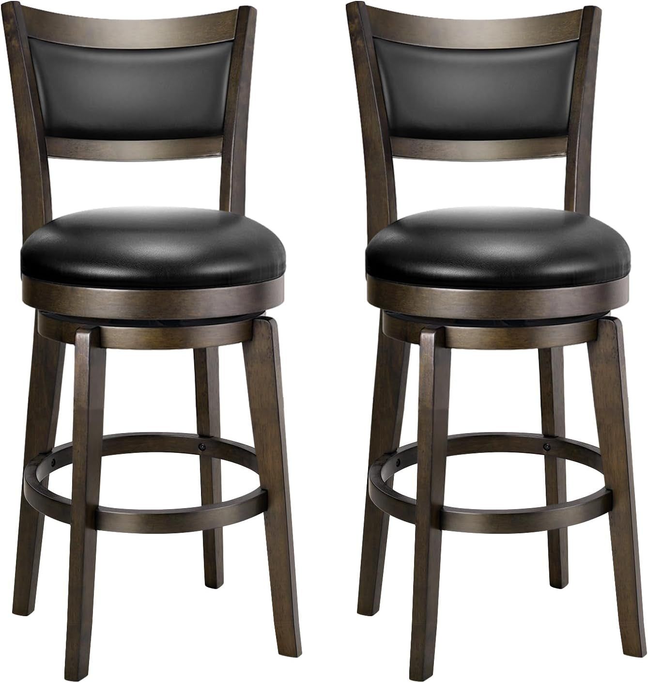Swivel Bar Stools Set of 2, 24 Inch Counter Height Barstools, Black Faux Leather Bar Stool with High Backrest &amp; Solid Wood Legs &amp; Wrap-Around Footrest, Counter Stools for Kitchen Island, Pub
