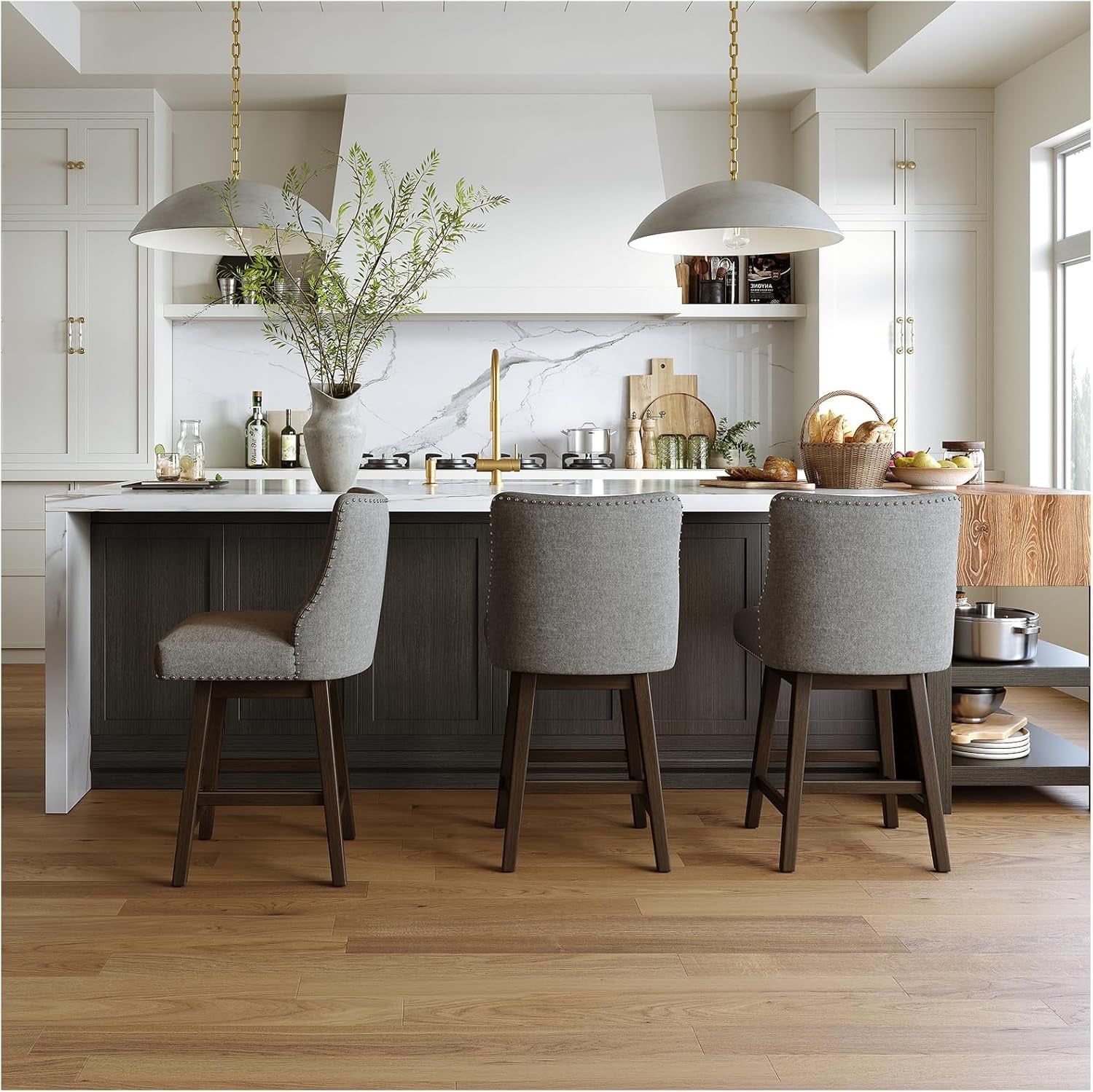 26 Inch Bar Stools Set of 3, Counter Height Swivel Barstools with Back, Solid Wood Legs with Footrest for Kitchen Island (Dark Grey Linen, 3)