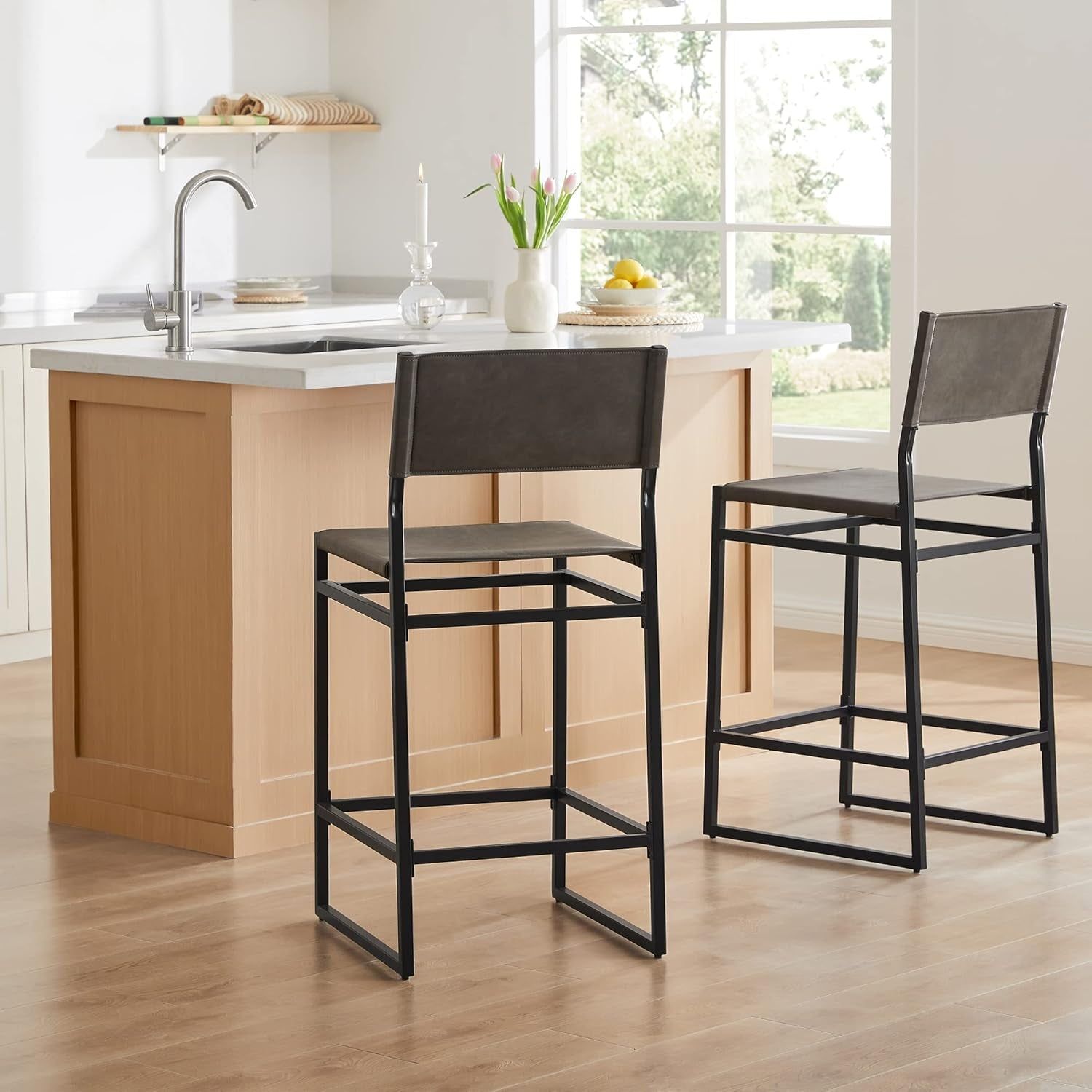Faux Leather Counter Height Bar Stools Set of 2, Sling Armless Kitchen Barstools with Back and Metal Frame, 24&quot; H Seat Height Counter Chairs, Grey