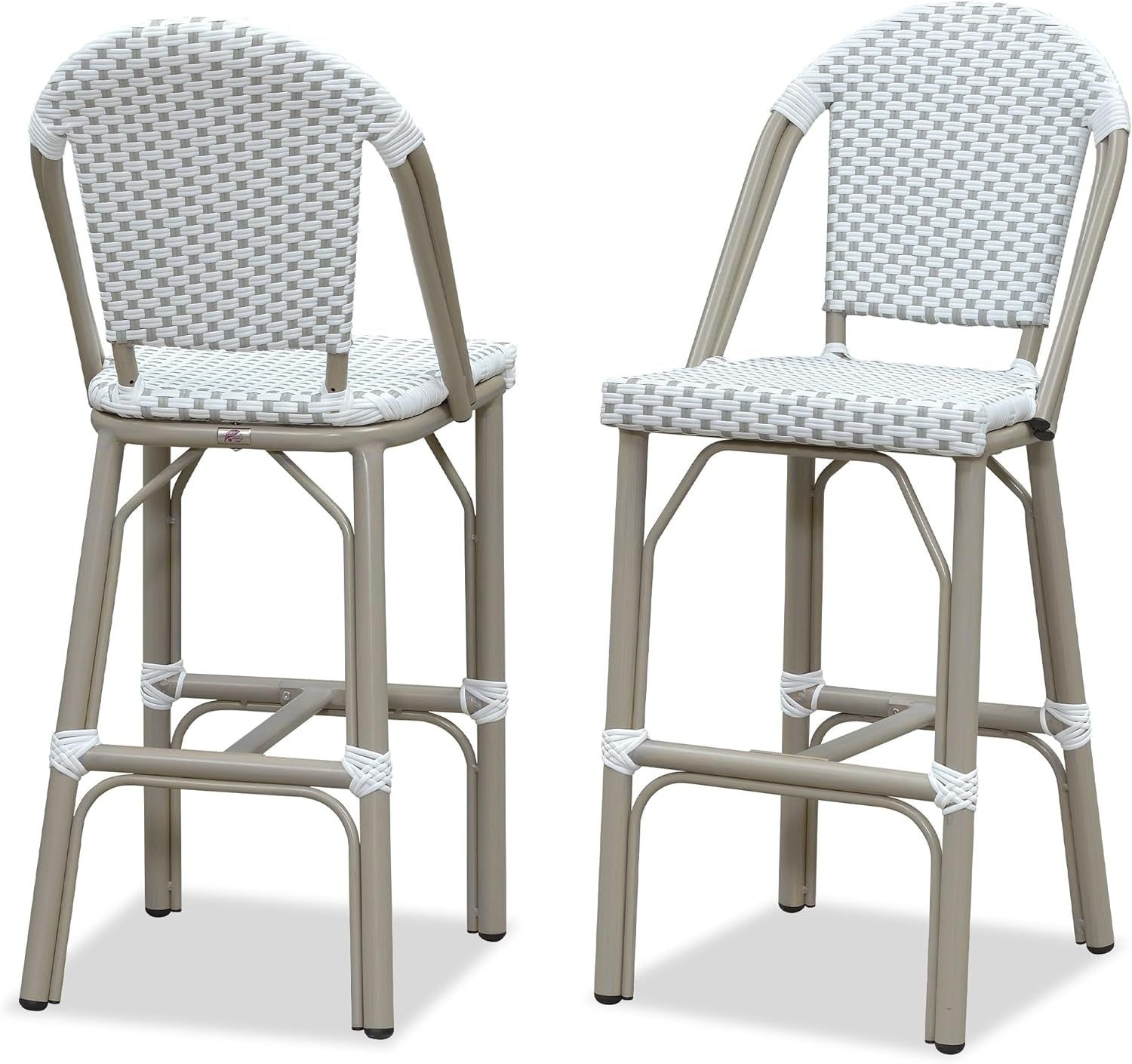 French Bar Stools Set of 2 Champagne Print Finish Outdoor Bar Stools with Back Rattan 27&#39;&#39; Patio Bar Stool for Pool Garden Kitchen Outdoor Barstool, White&amp;Grey