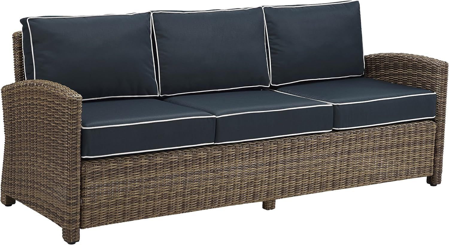 Brown Wicker Outdoor Sofa with Navy Cushions for Comfort