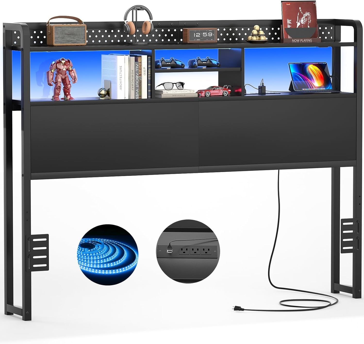 Queen Size Headboard with USB Ports and LED Light