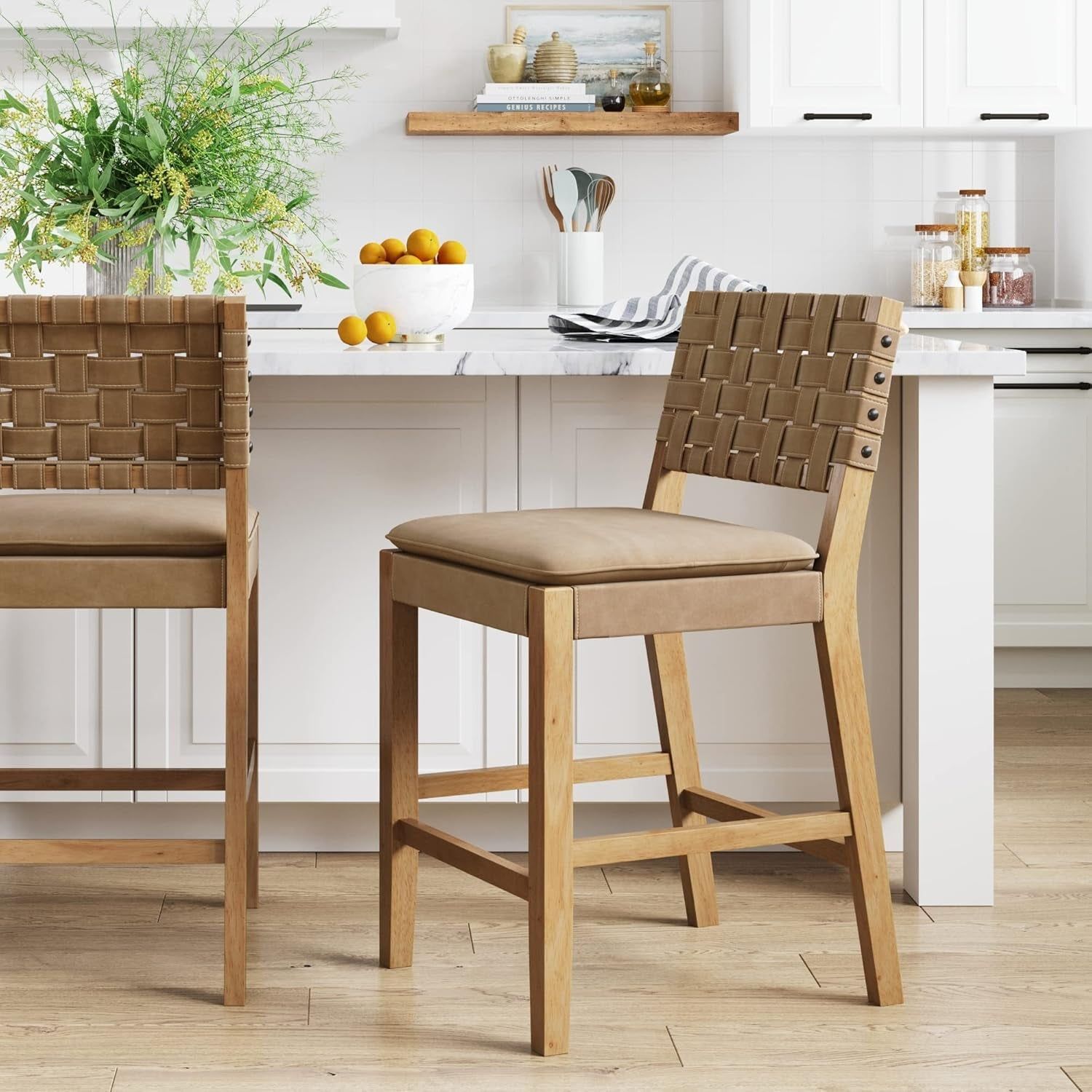 Mid-Century Modern Leather Bar Stool with Footrest