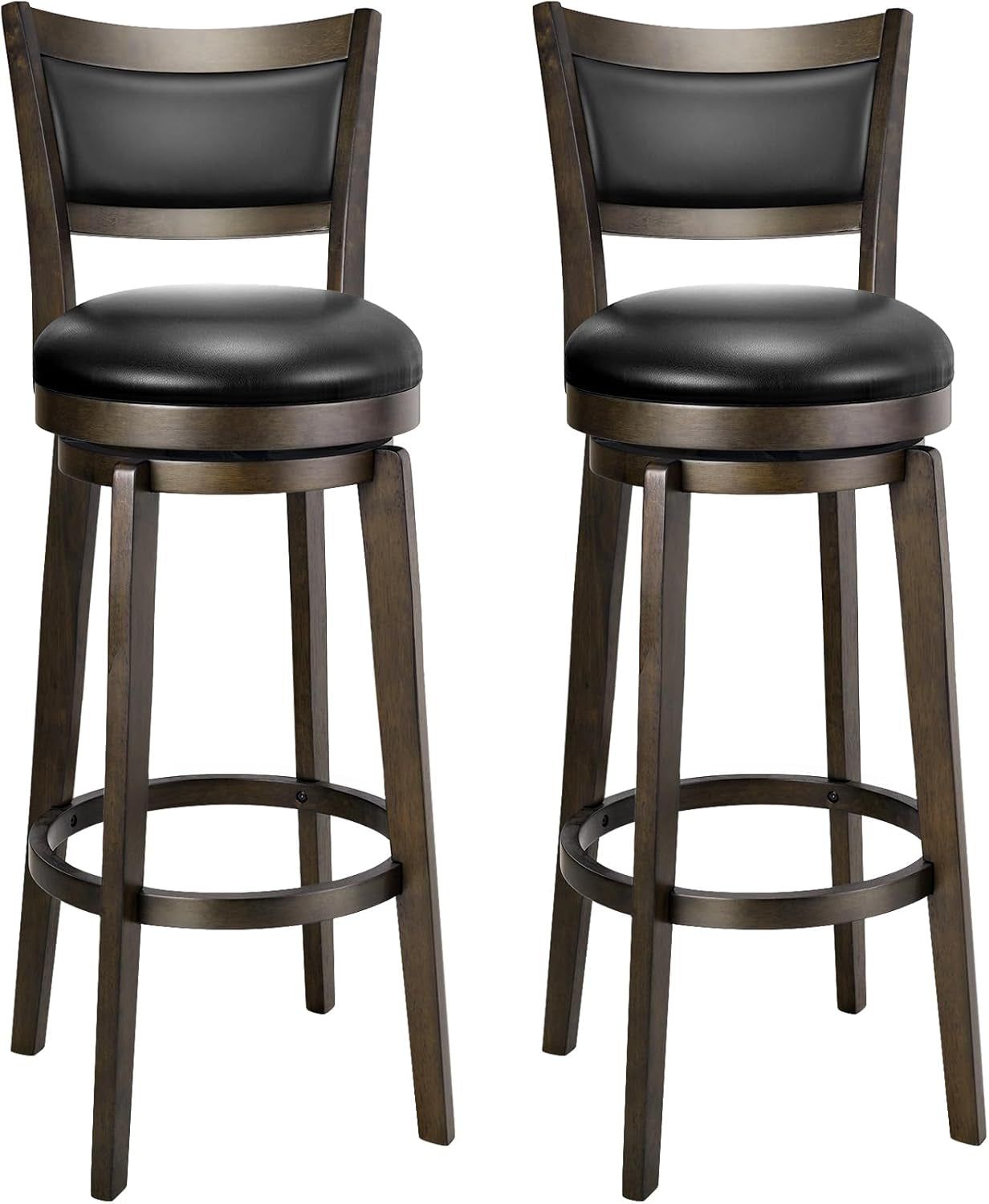 Swivel Bar Stools Set of 2, 34 Inch Extra Tall Bar Height Barstools, Black Faux Leather Bar Stool with High Backrest, Solid Wood Leg, Wrap-Around Footrest, Counter Stools for Pub