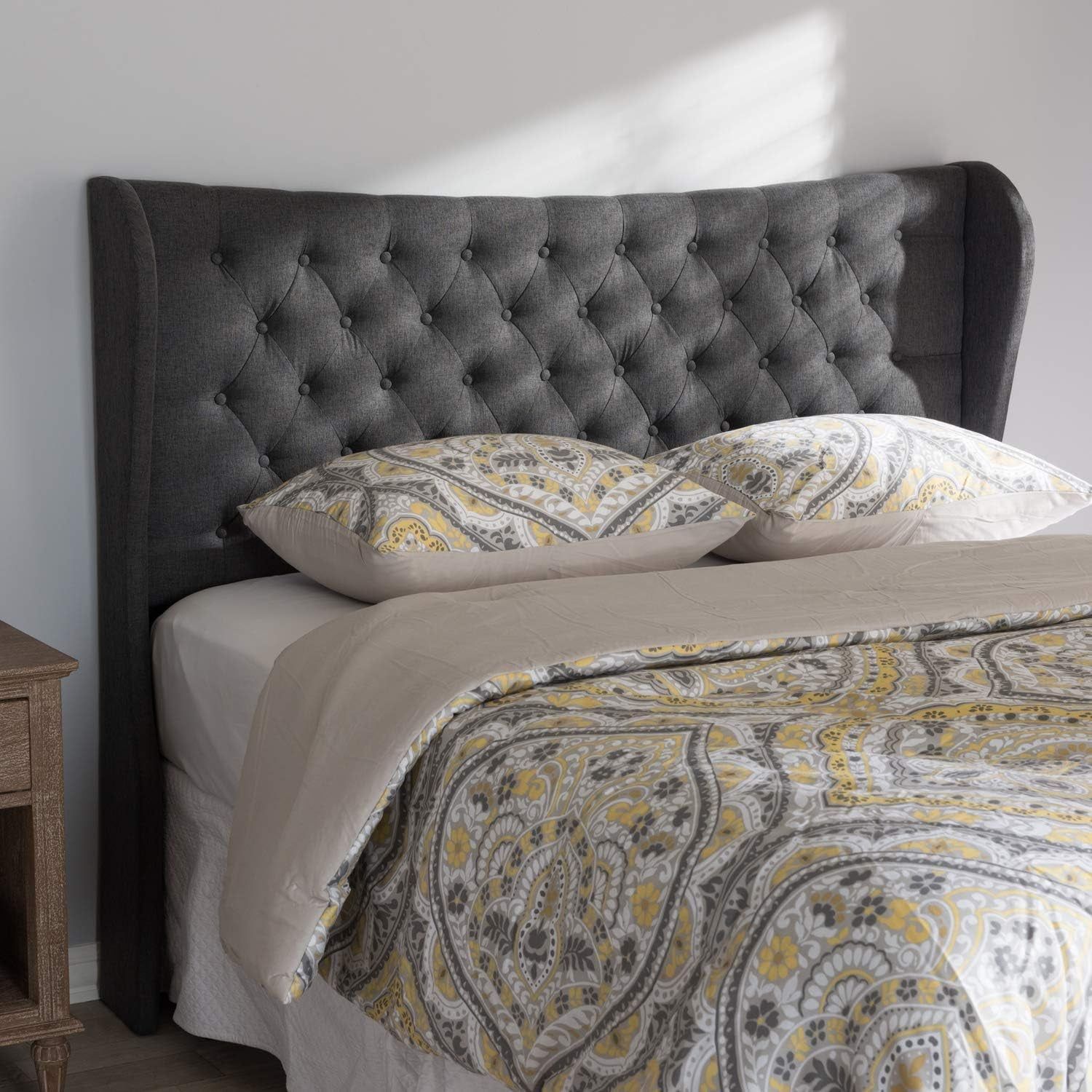 Stylish Winged Panel Headboard in Dark Gray Fabric