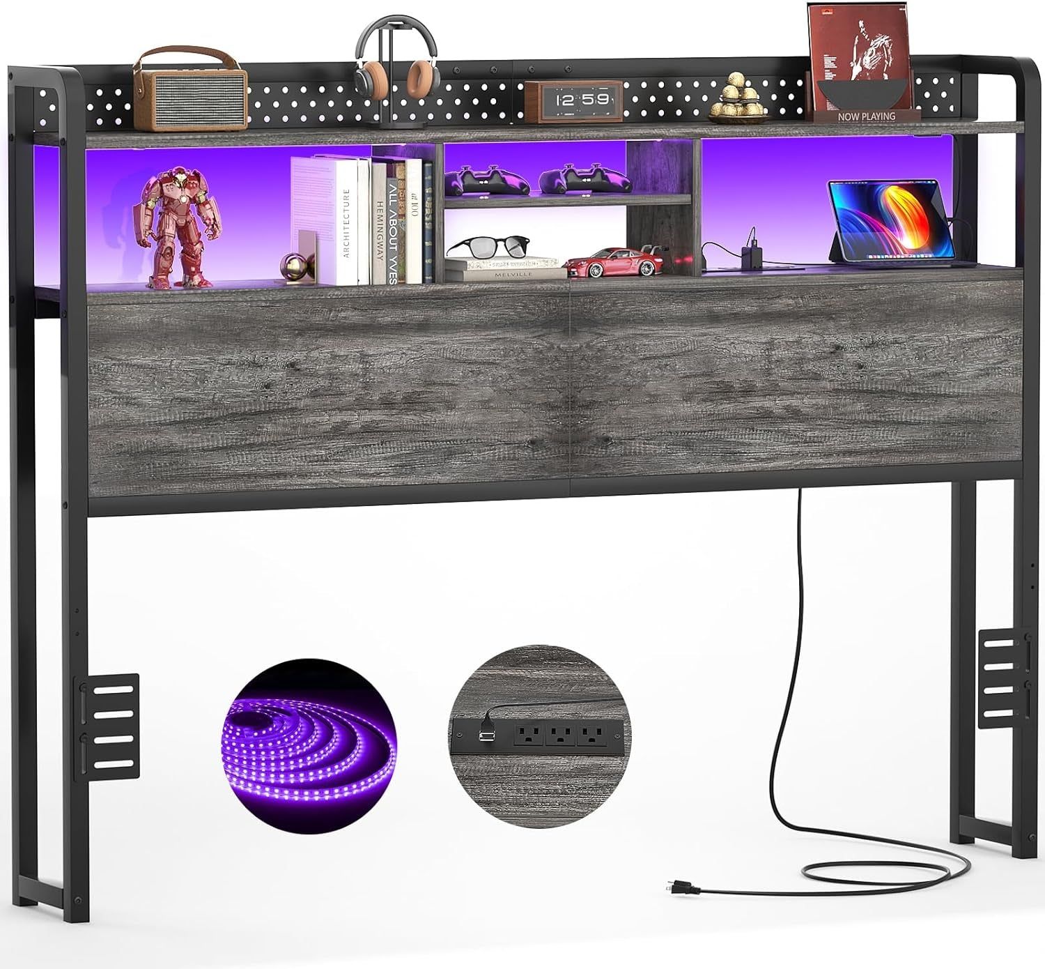 Queen Size Headboard With Storage Shelf And USB Ports