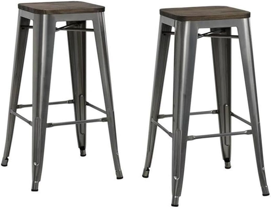 Fusion Metal Backless 30&quot; Barstool with Wood Seat, Distressed Metal Finish for Industrial Appeal, Set of Two, Antique Gun Metal