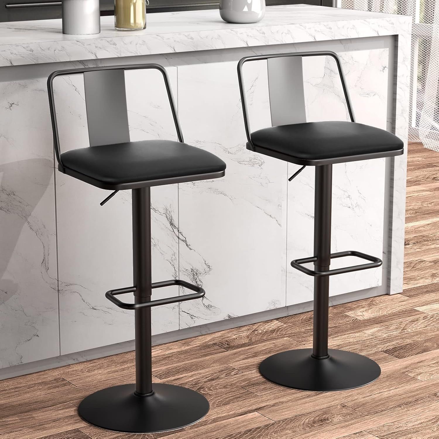 Metal Swivel Barstools Set of 2, Enlarged PU Leather Seat with Metal Back, Adjustable from 24&quot; to 33&quot; for Counter Height &amp; Bar Height, Modern Design for Kitchen and Restaurant,Matteblack