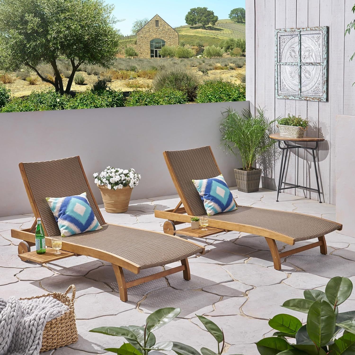 Adjustable Outdoor Wicker Lounge Chairs Set of Two